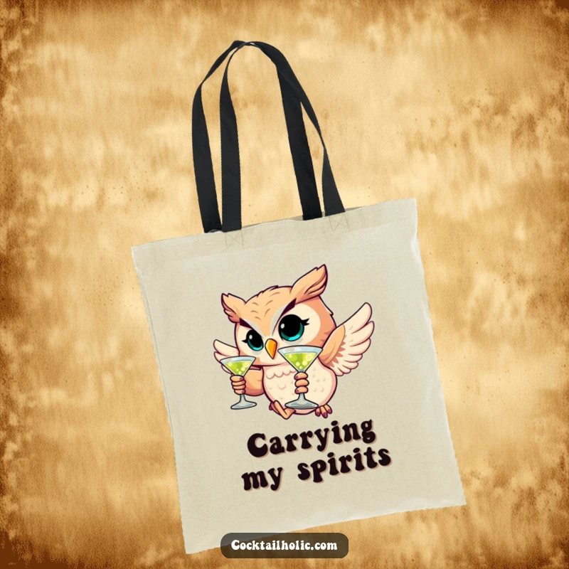 Funny tote bag featuring a winking owl character soaring with a martini, ideal for stylish and humorous carrying.