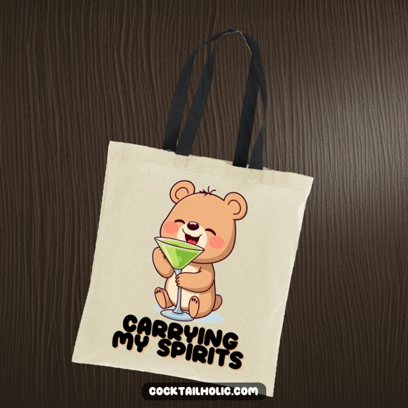 Funny bear tote bag showing a cute bear character joyfully sipping from a small martini glass, perfect for carrying daily essentials.