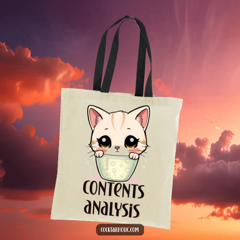 Funny cat tote bag, featuring a wide-eyed cat curiously observing a glass filled with effervescent, intriguing liquid.