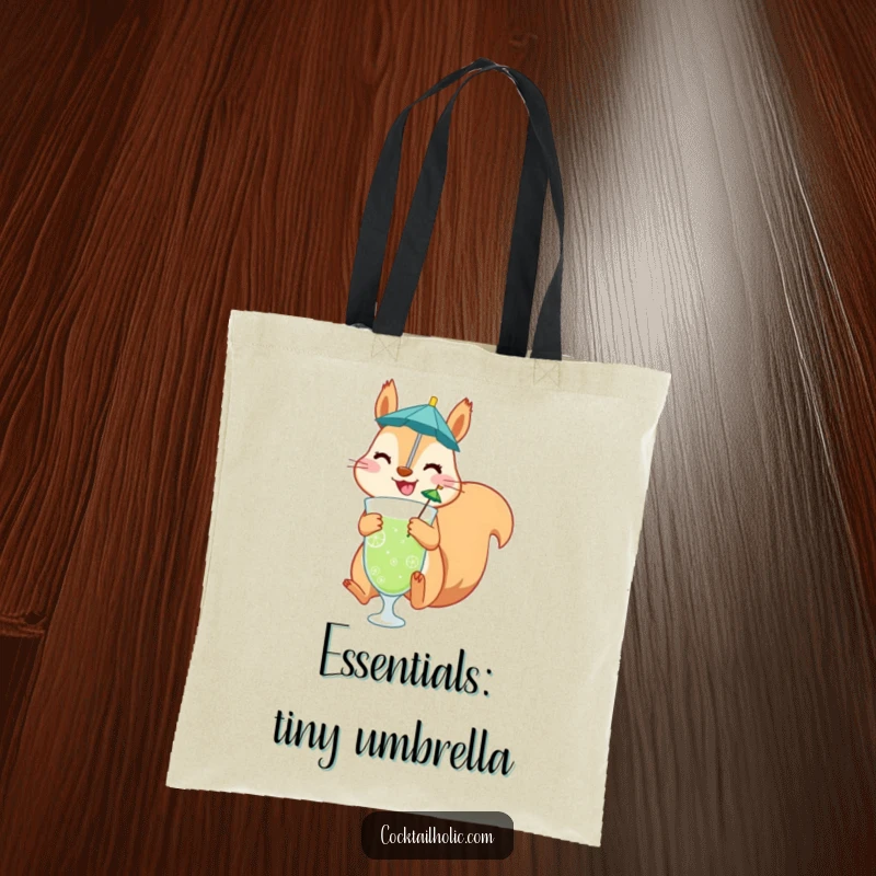 Funny tote bag featuring a happy squirrel jumping with a drink sporting a tiny umbrella, a cheerful and practical accessory.