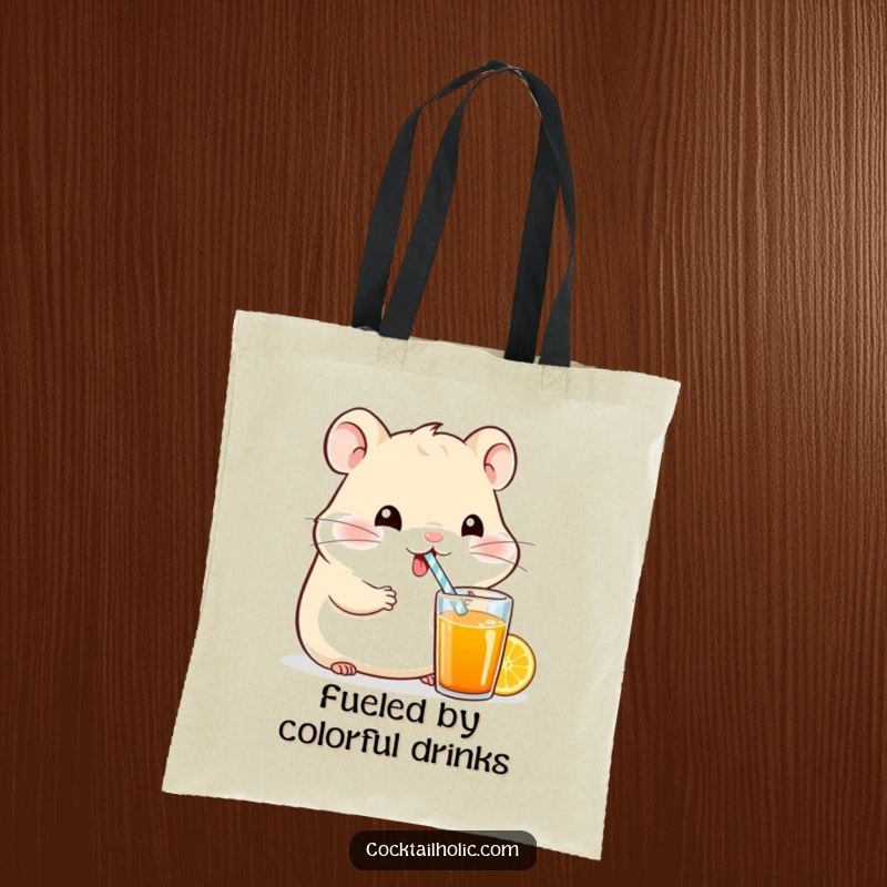 Funny happy hamster character using a tiny straw to drink a colorful beverage, printed on a durable tote bag.
