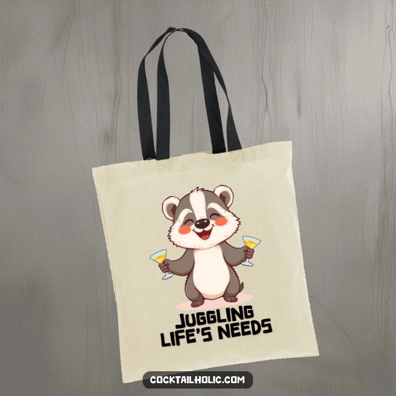 Funny badger cocktail tote bag showcasing a happy badger juggling three miniature glasses, perfect for carrying daily essentials.