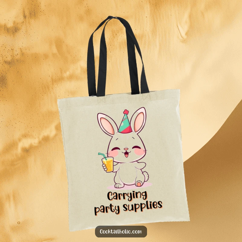 Funny bunny party tote bag showcasing a giggling bunny wearing a tiny party hat and holding a drink, perfect for carrying essentials.