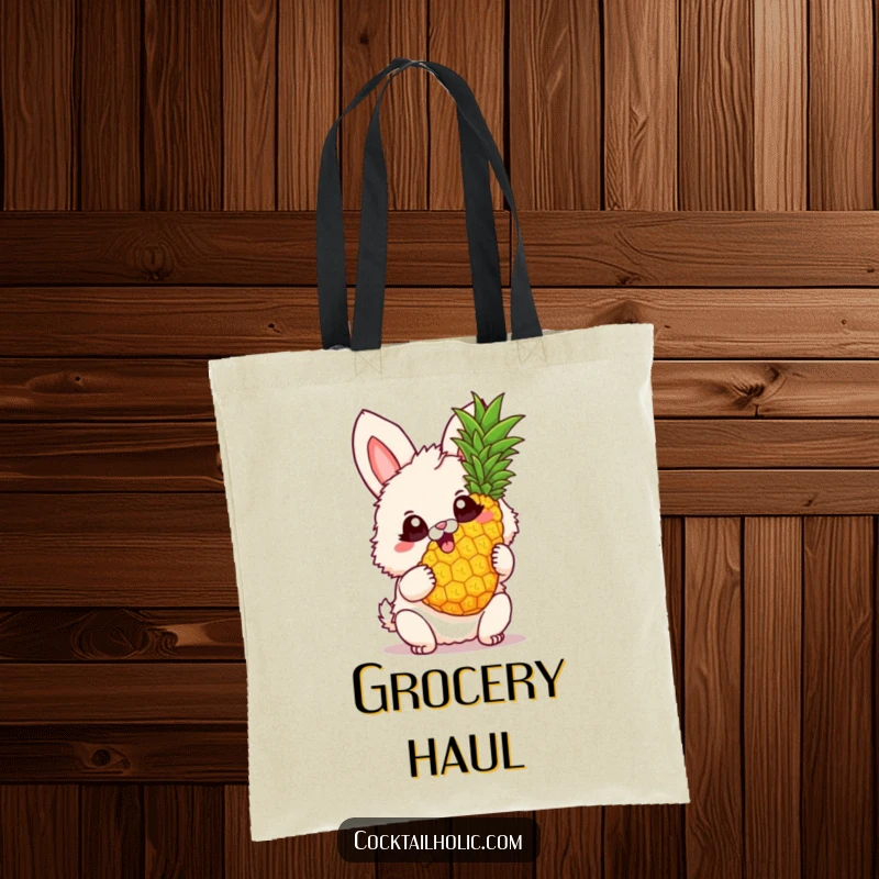 Funny Tote Bag with a fluffy bunny, big excited eyes, joyfully twirling a pineapple, ready for any adventure with a smile.