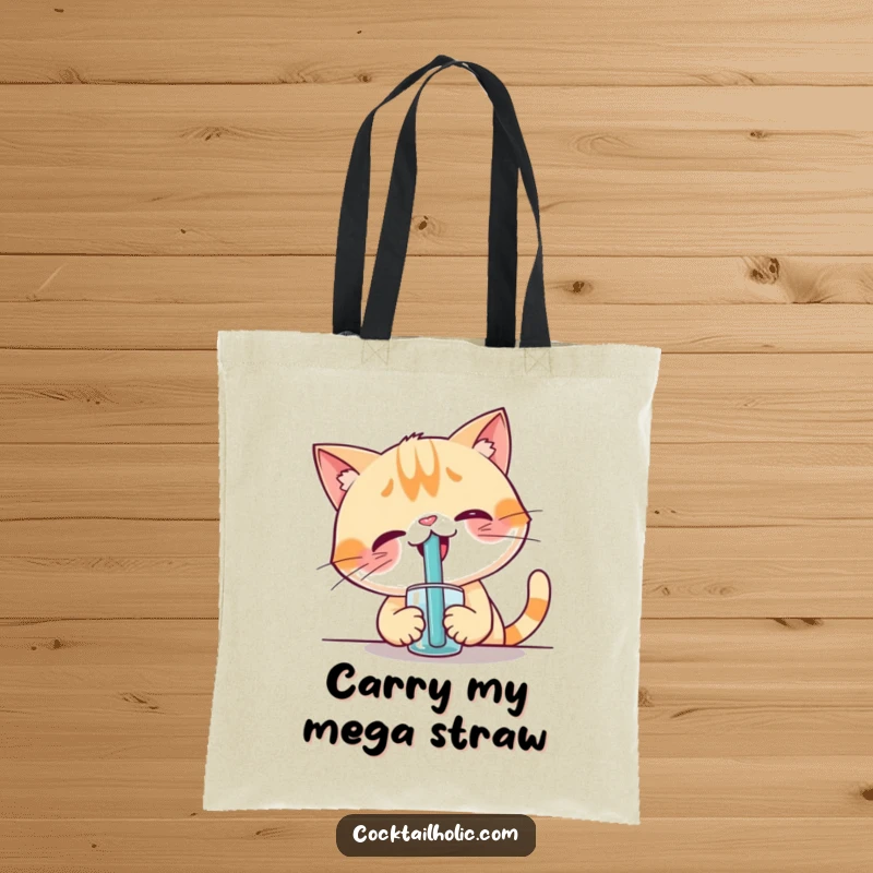 Funny tote bag with a giggling cat character attempting to sip from an oversized straw, a humorous accessory.