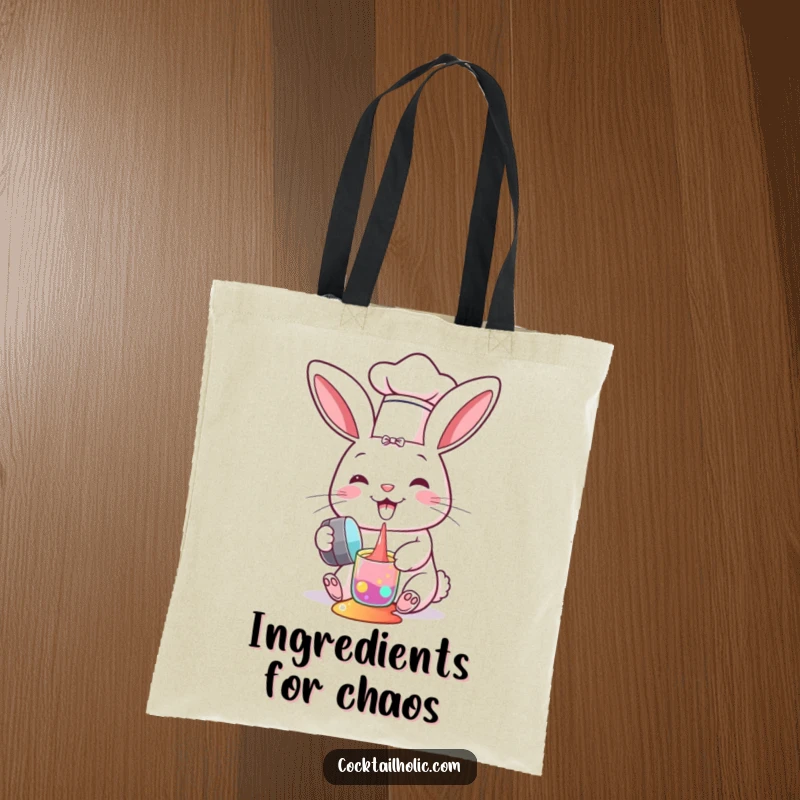 Funny tote bag with a smiling bunny chef in a hat, depicted mid-spill with colorful liquids from a shaker.