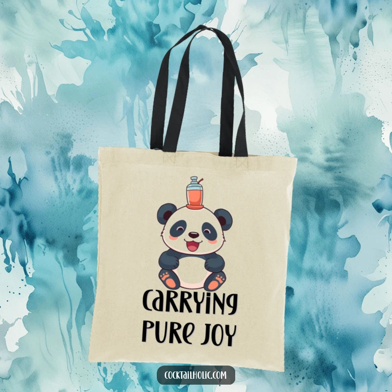 Funny panda tote bag, showing a delighted panda perfectly balancing a tiny cocktail shaker on its head, for happy travels.