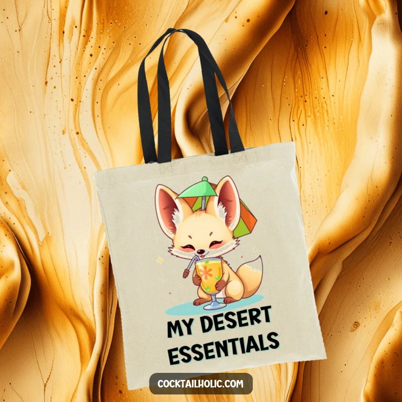 Funny fennec fox tote bag happily sipping from a colorful drink umbrella, a humorous and practical accessory.