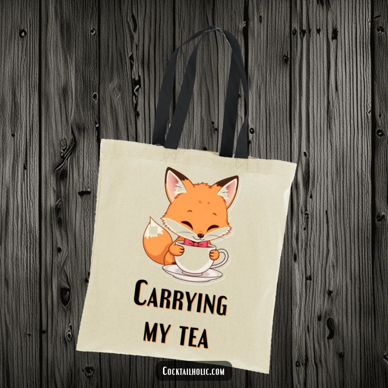 Funny tote bag featuring a playful fox in a bow tie sipping tea, ideal for stylish and humorous carrying.