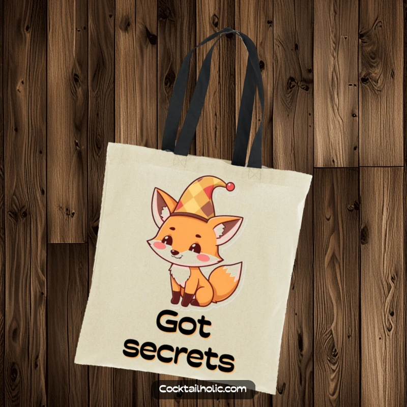 Funny Tote Bag with a cute fox wearing a jester hat, tipping it with a mischievous grin, perfect for carrying daily essentials with humor.