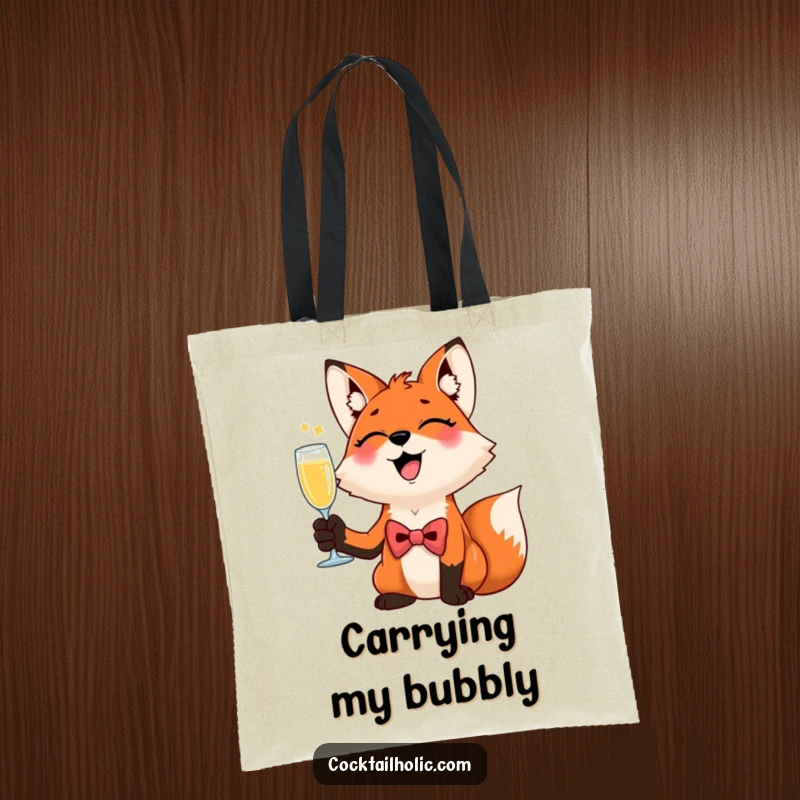 Funny Giggling Fox Tote Bag: A dapper fox with a bow tie giggles while raising a champagne flute, ideal for stylish humor.