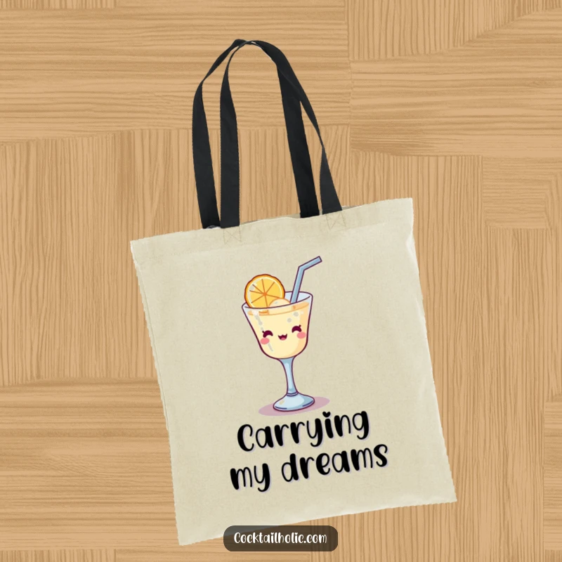 Funny Kawaii cocktail glass with a straw, comically trying to sip a large bubble, a stylish and humorous tote bag.