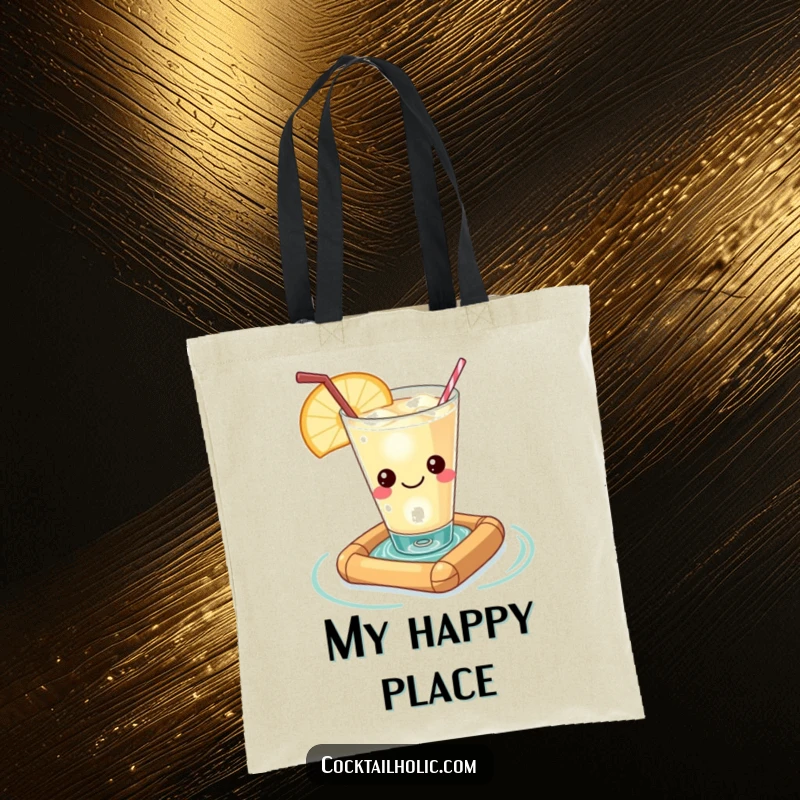 Funny Kawaii cocktail glass with a contented smile, floating on a miniature raft, a stylish and humorous tote bag.