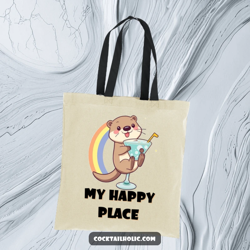 Playful otter character descending a rainbow into a bubbly cocktail glass, printed on a durable tote bag.