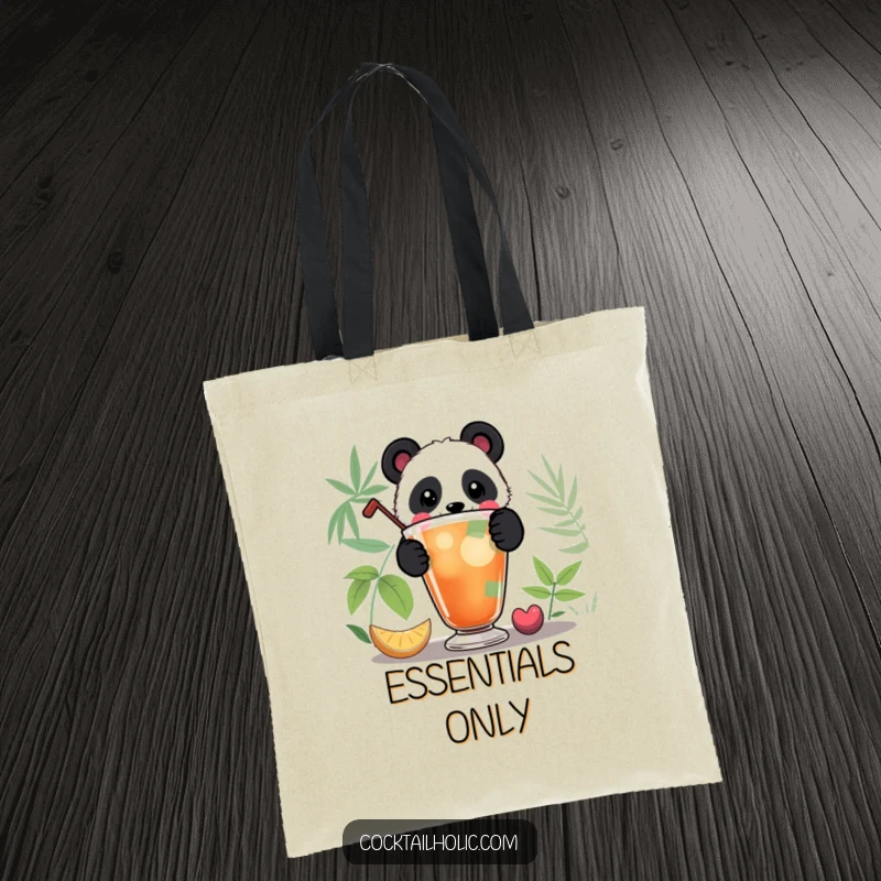 Funny Panda Tote Bag: Playful panda peeking over a colorful cocktail, a humorous and practical tote for everyday use.
