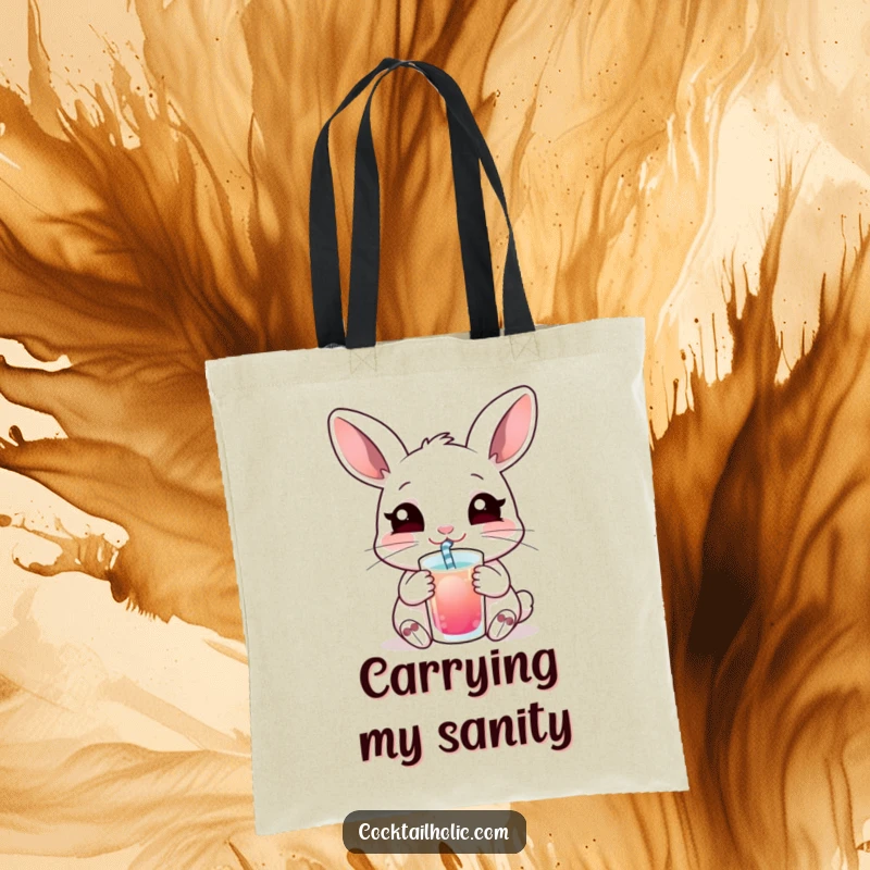 Funny tote bag featuring a smiling rabbit sipping a drink with a straw, perfect for carrying items with a humorous touch.
