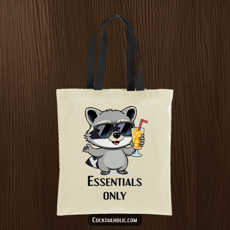 Funny raccoon wearing sunglasses and holding a cocktail, depicted on a tote bag, ready for errands.