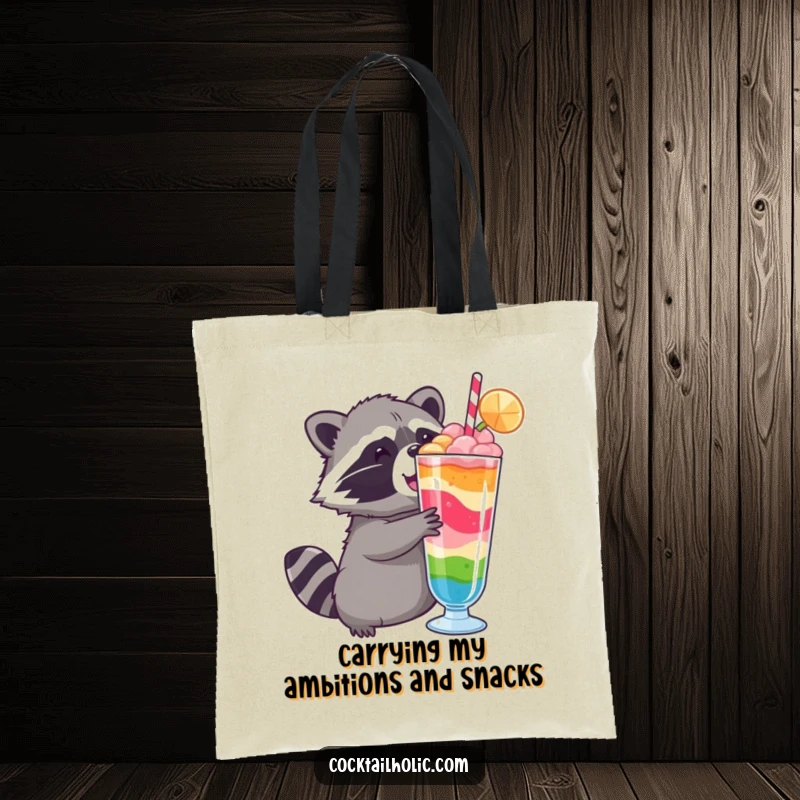 Funny raccoon tote bag showing a cute raccoon reaching enthusiastically for a tall, colorful, layered drink.