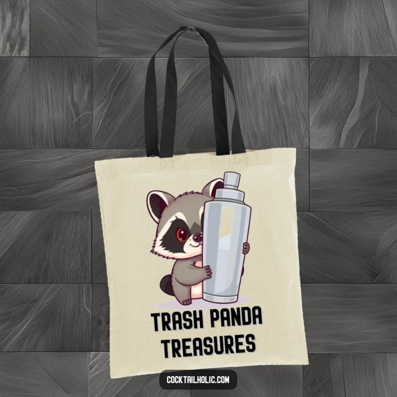 Funny tote bag featuring a sneaky raccoon peeking from a large cocktail shaker, ideal for carrying items with personality.