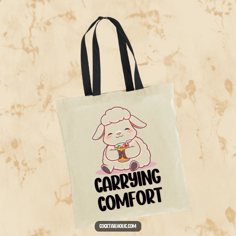 Funny Sheep Tote Bag: Contented sheep relaxing with a fruity beverage, a humorous and practical tote for daily use.