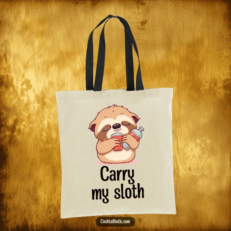 Funny Tote Bag showcasing a cute, drowsy sloth character propped up with a miniature stuffed cocktail shaker, perfect for carrying relaxation.
