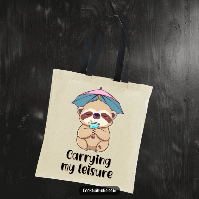 Funny sloth tote bag showcasing a sleepy character with a cocktail umbrella, ideal for carrying essentials with humorous flair.