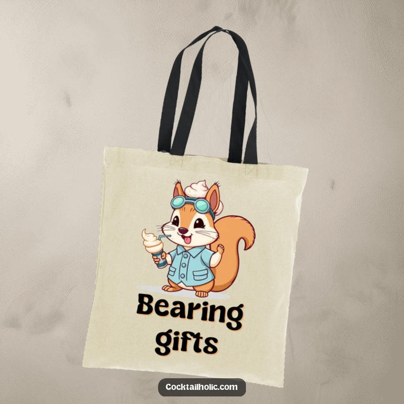 Funny bouncy squirrel dressed as a mixologist, spraying whipped cream from a can, on a tote bag.
