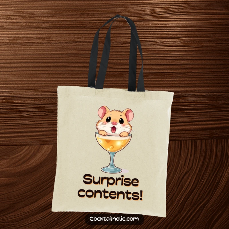 Funny hamster tote bag, featuring a surprised hamster popping out of a miniature cocktail glass, ready for anything.