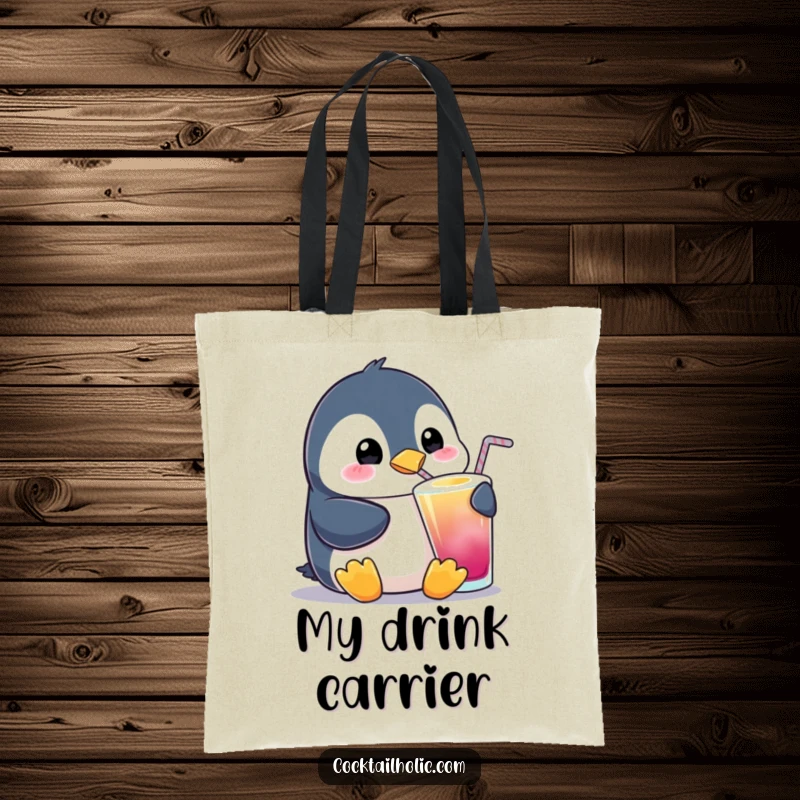 Funny Penguin Sipping Tote Bag: A charming tote bag showcasing a penguin happily sipping a drink, perfect for carrying daily essentials with a cute, funny touch.