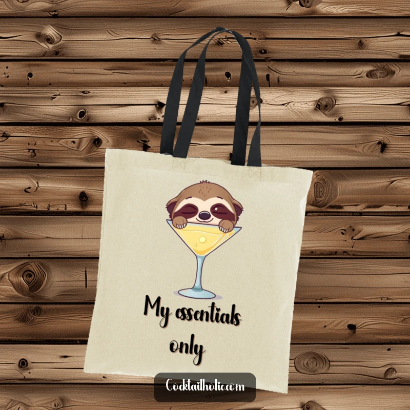 Funny tote bag with a sleepy sloth peeking happily over a large martini glass, perfect for everyday use.