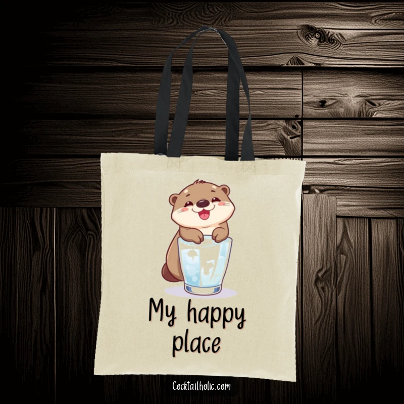 Funny otter grinning broadly, sliding down an ice cube into a glass, on a reusable tote bag.