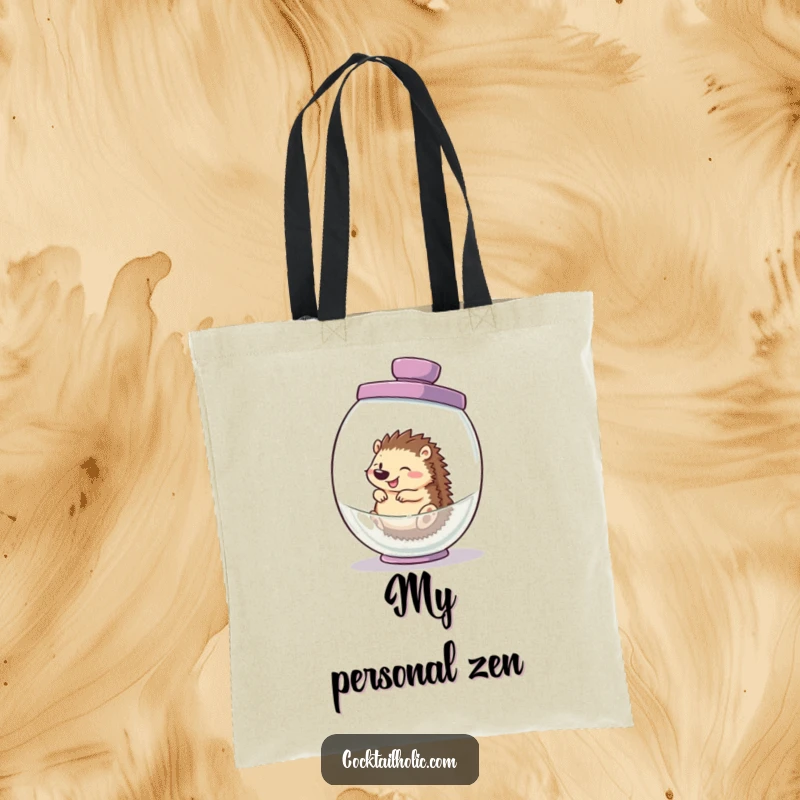 Funny hedgehog tote bag, hilariously contained within a giant cocktail shaker, showcasing a quirky and portable sense of fun.