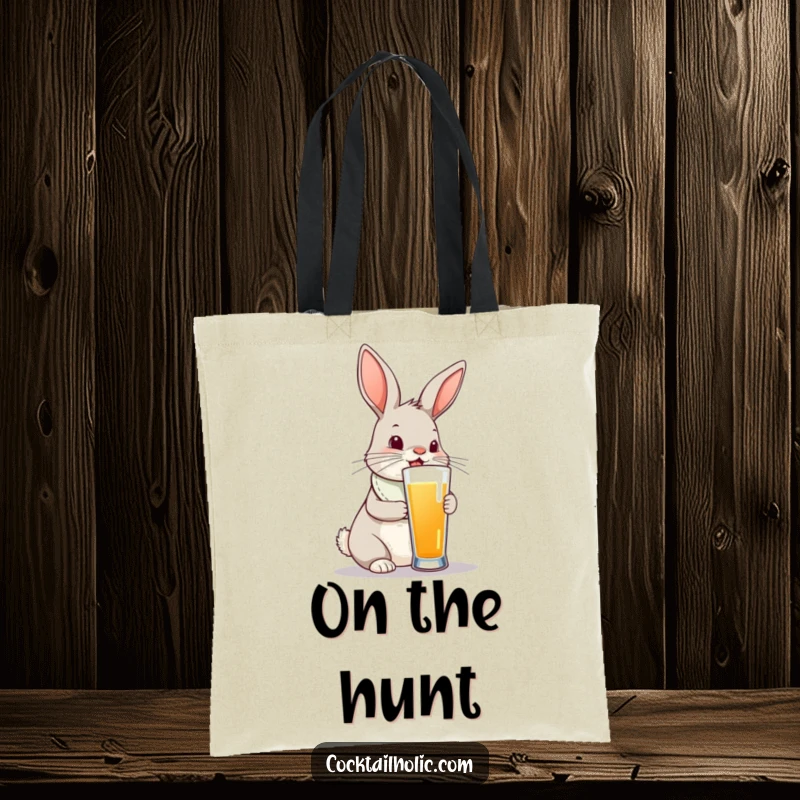 Funny bunny rabbit in a bib trying to drink from a very tall glass, depicted on a tote bag.