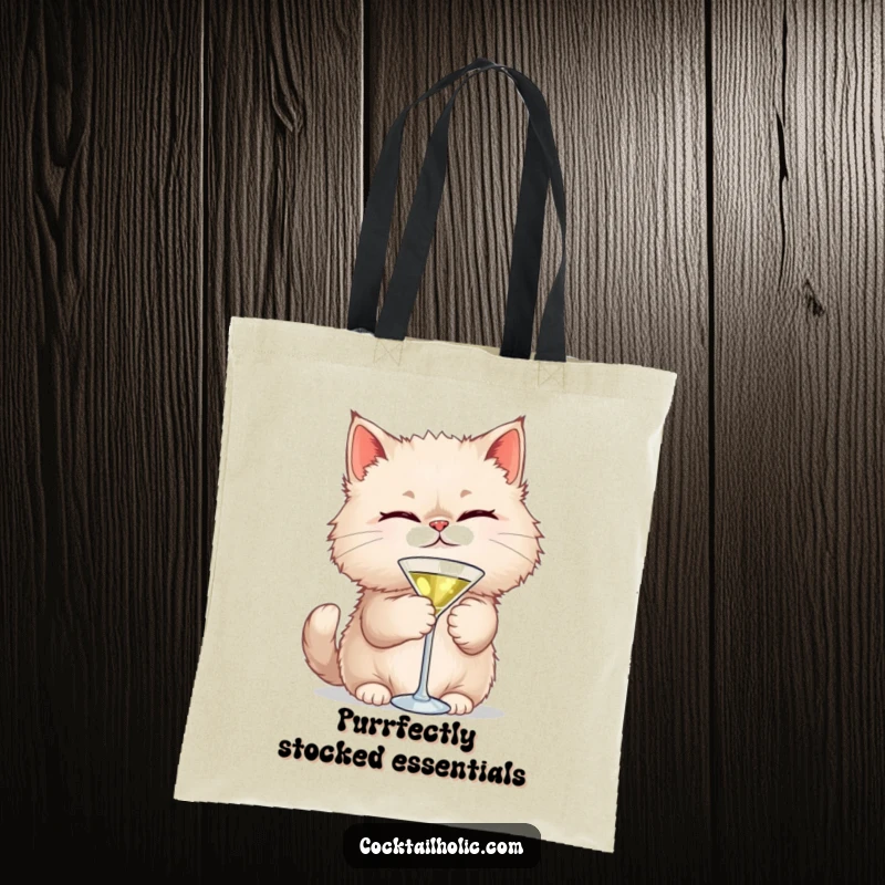 Funny Cat Martini Tote Bag: A playful cat winks with a martini, combining fashion and humor for everyday use.