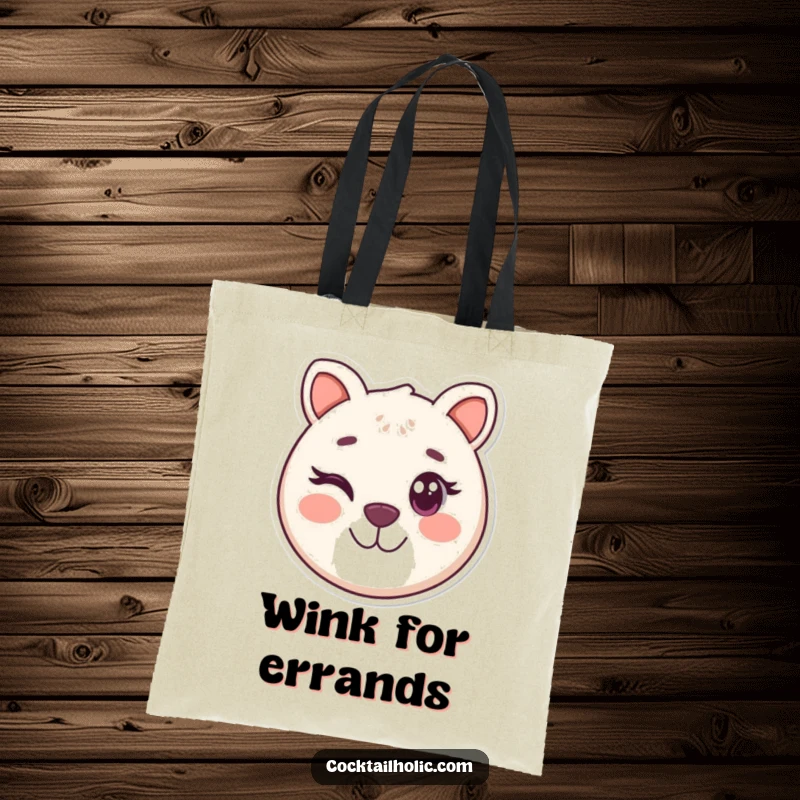 Funny tote bag with a round, smiling animal face winking playfully, a practical and humorous carrying solution.